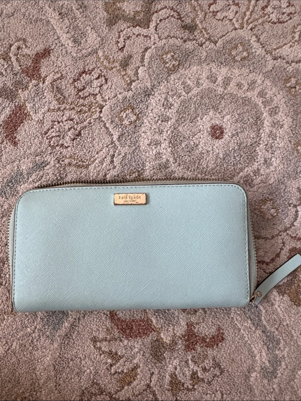 kate spade Light Blue Zip-Around Saffiano Wallet with Gold Plaque